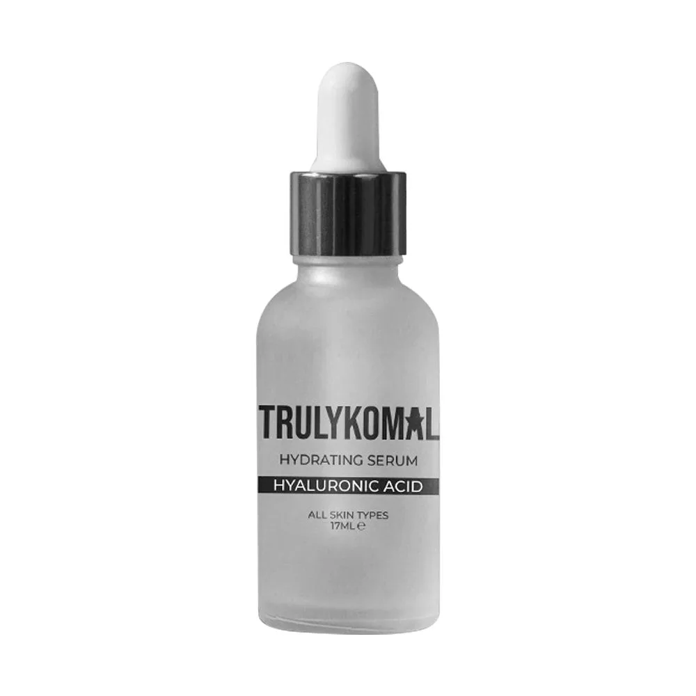 Side view of truly komal flawless hyaluronic acid deep hydration serum, all skin types, 17ml