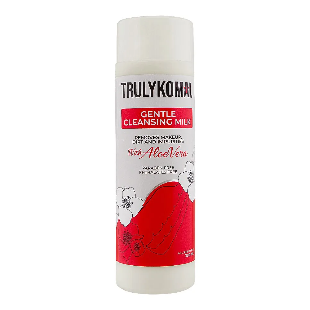 Side view of truly komal gentle cleansing milk, paraben free, all skin types, 300ml