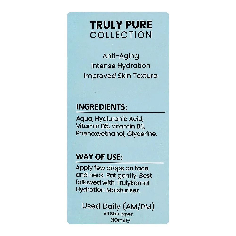 Side view of truly komal hyaluronic plumping booster serum, all types of skin, 30ml