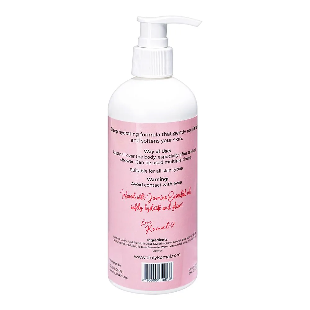 Side view of truly komal jasmine deep hydrating glow body lotion, 300ml