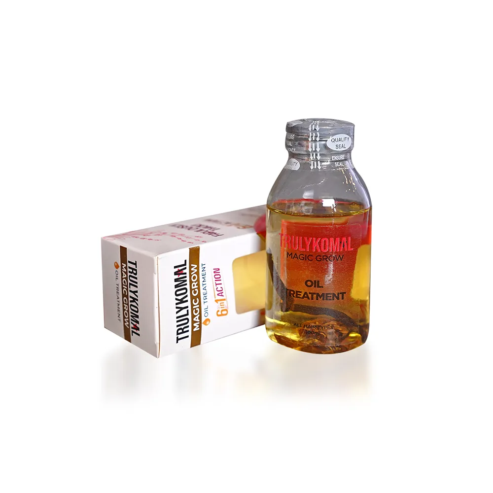 Side view of truly komal magic grow oil treatment, 100ml