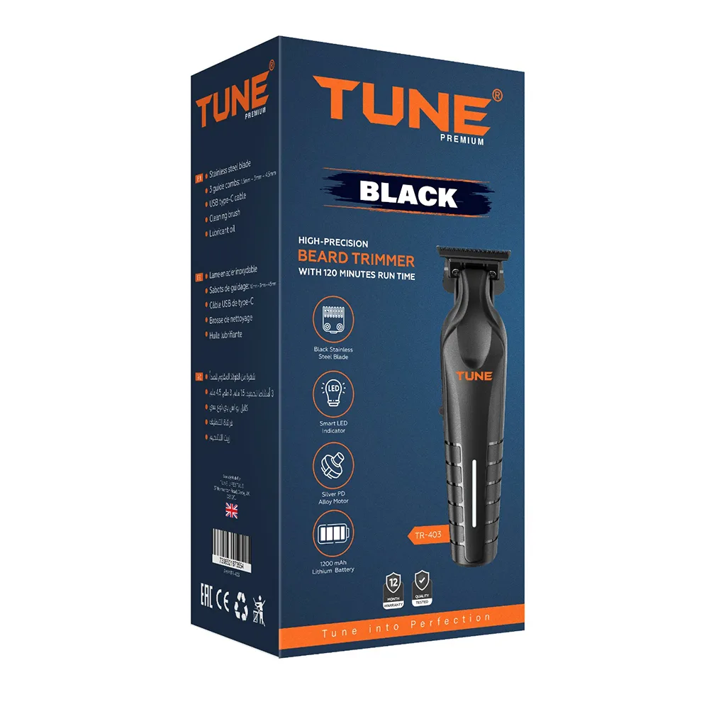 Side view of tune classic black high-precision beard trimmer, tr-403