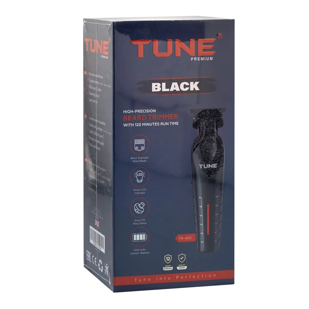 Close-up design of tune classic black high-precision beard trimmer, tr-403