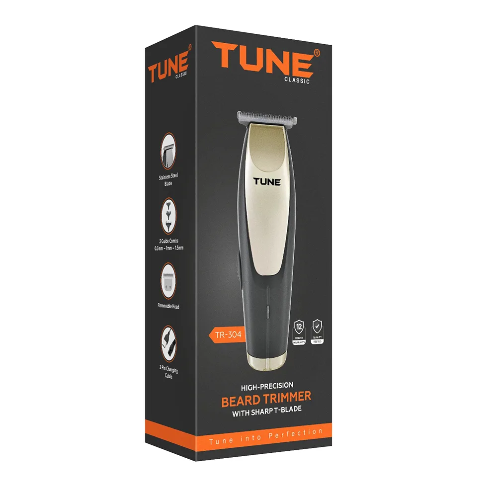 Side view of tune classic high-precision beard trimmer, 1.5 hours runtime, tr-304