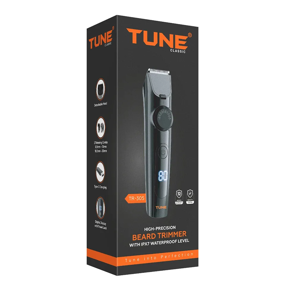 Side view of tune classic high-precision beard trimmer, ipx7 waterproof, 120 minutes rumtine, tr-305