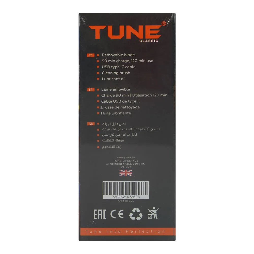 Close-up design of tune classic high-precision beard trimmer, ipx7 waterproof, 120 minutes rumtine, tr-305