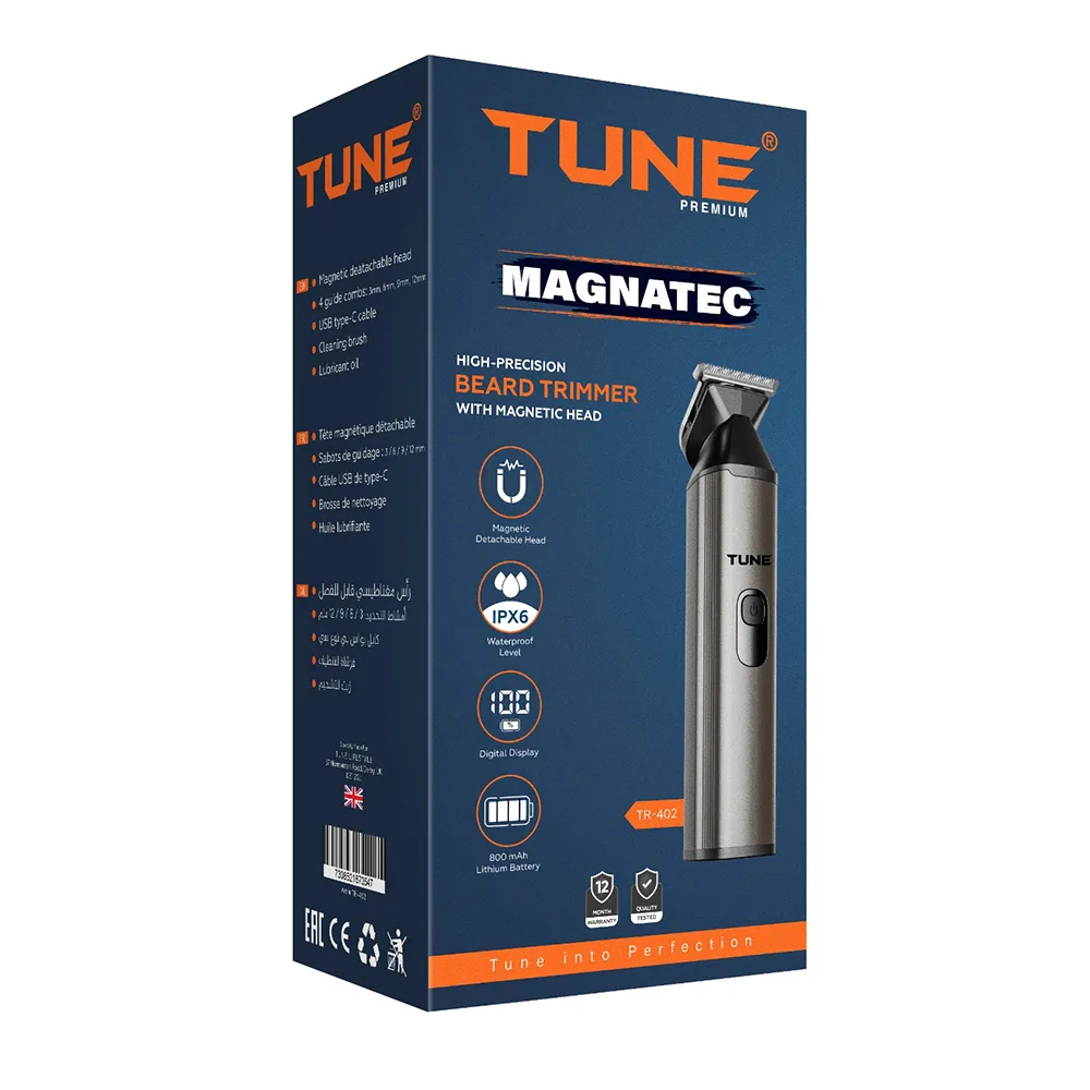 Side view of tune classic magnatec high-precision beard trimmer, ipx6 waterproof, 800mah battery, 90 minutes runtime, tr-402