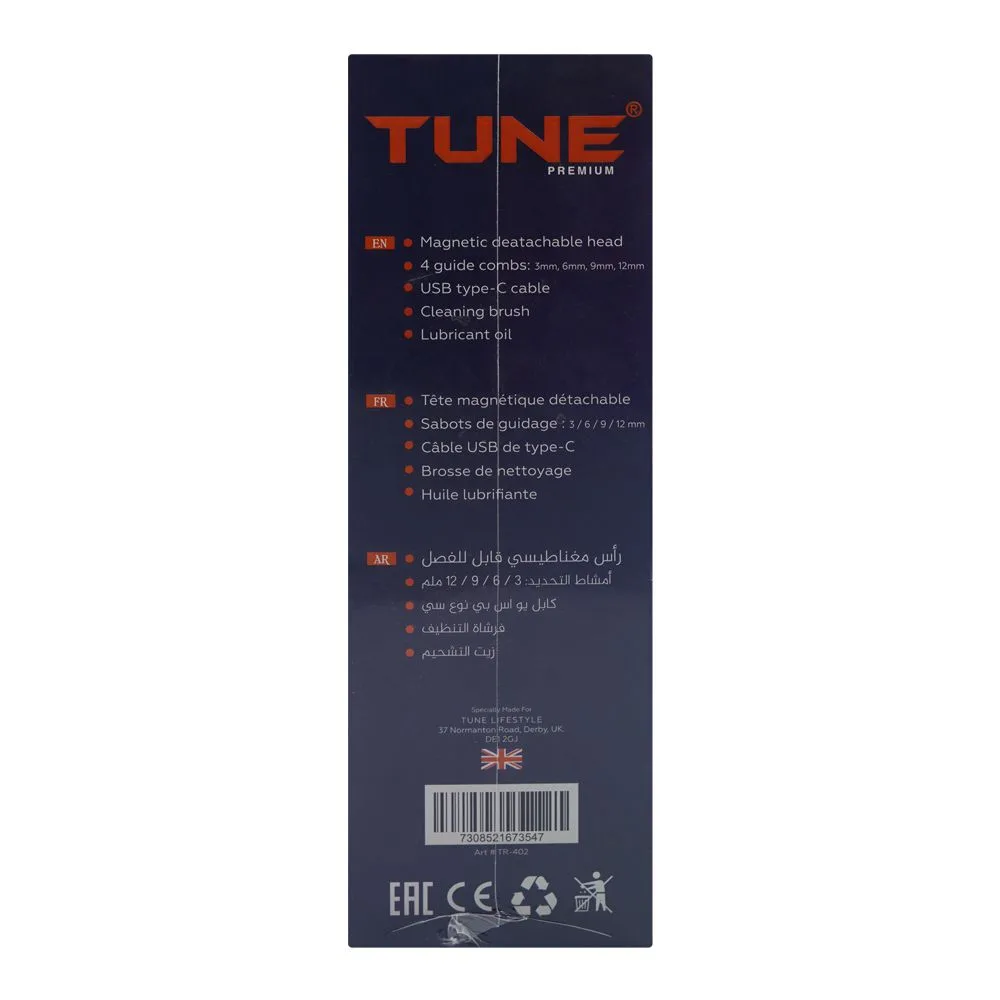 Front angle of tune classic magnatec high-precision beard trimmer, ipx6 waterproof, 800mah battery, 90 minutes runtime, tr-402