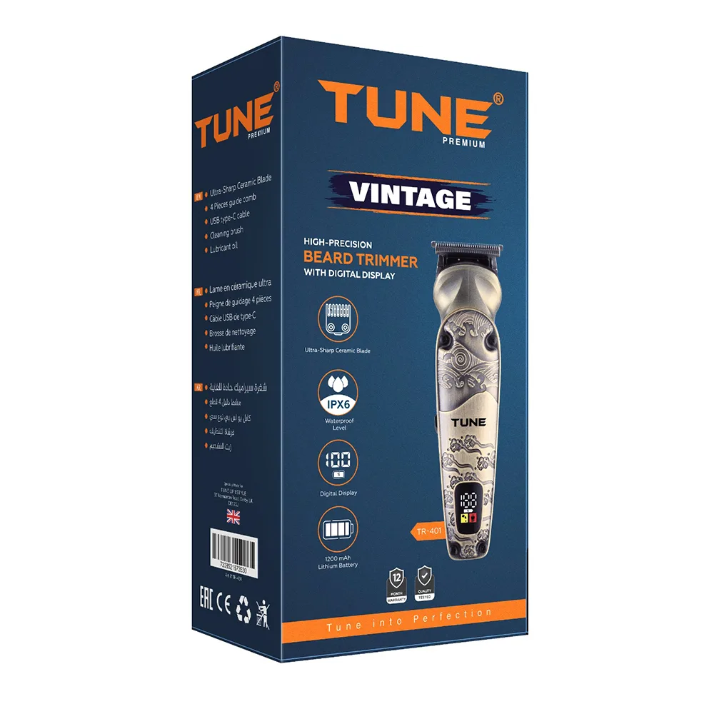 Side view of tune classic vintage high-precision beard trimmer, ipx6 waterproof, 1200mah battery, 180 minutes runtime, tr-401