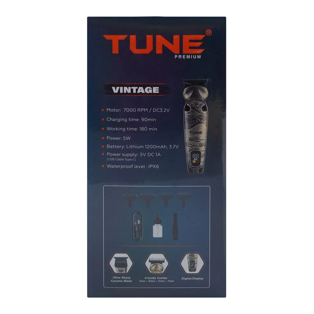 Close-up design of tune classic vintage high-precision beard trimmer, ipx6 waterproof, 1200mah battery, 180 minutes runtime, tr-401