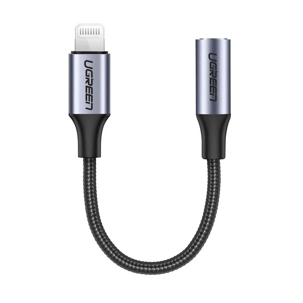 Side view of ugreen lightning m/f round cable, aluminium shell with braided, 10cm, black