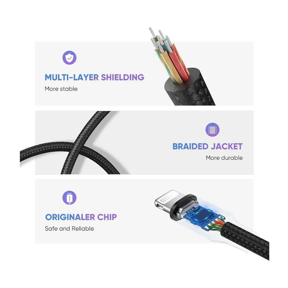 Close-up design of ugreen lightning m/f round cable, aluminium shell with braided, 10cm, black