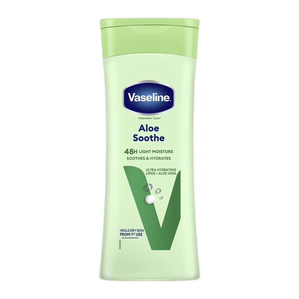 Side view of vaseline aloe fresh lotion, lipids + aloe vera, for dry skin, 200ml