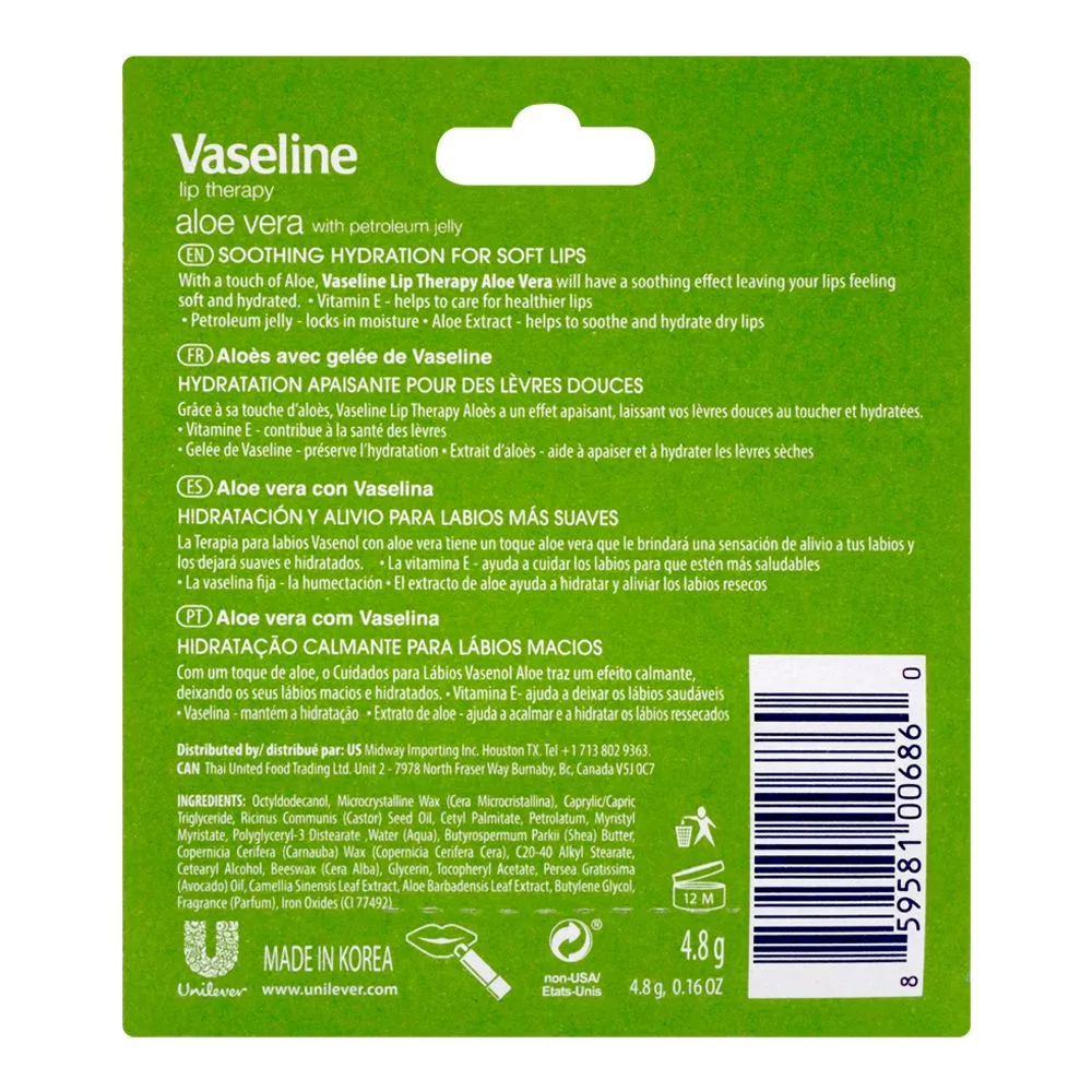 Side view of vaseline aloe vera lip therapy lip balm, 4.8g