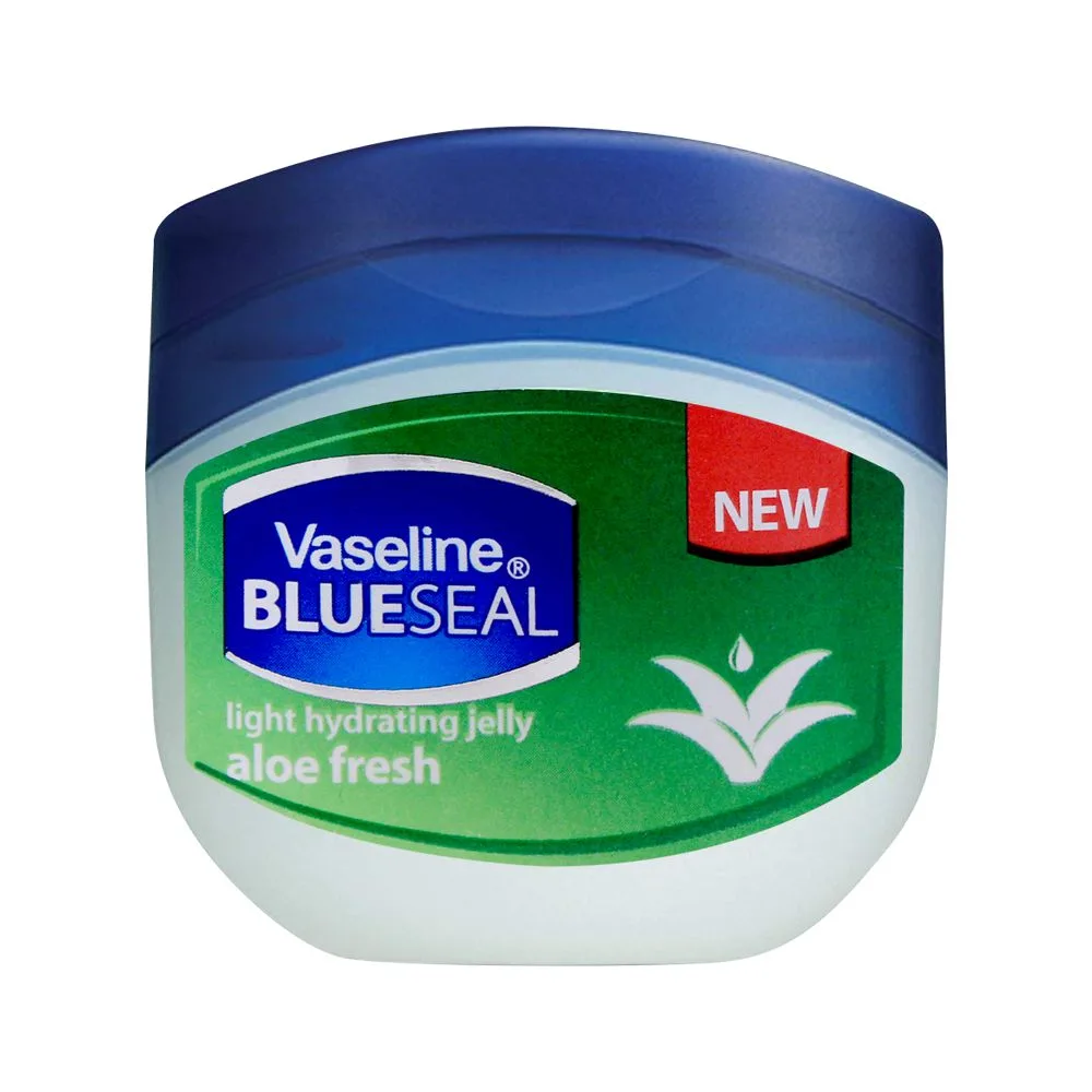 Side view of vaseline blue seal aloe fresh light hydrating jelly, 50ml
