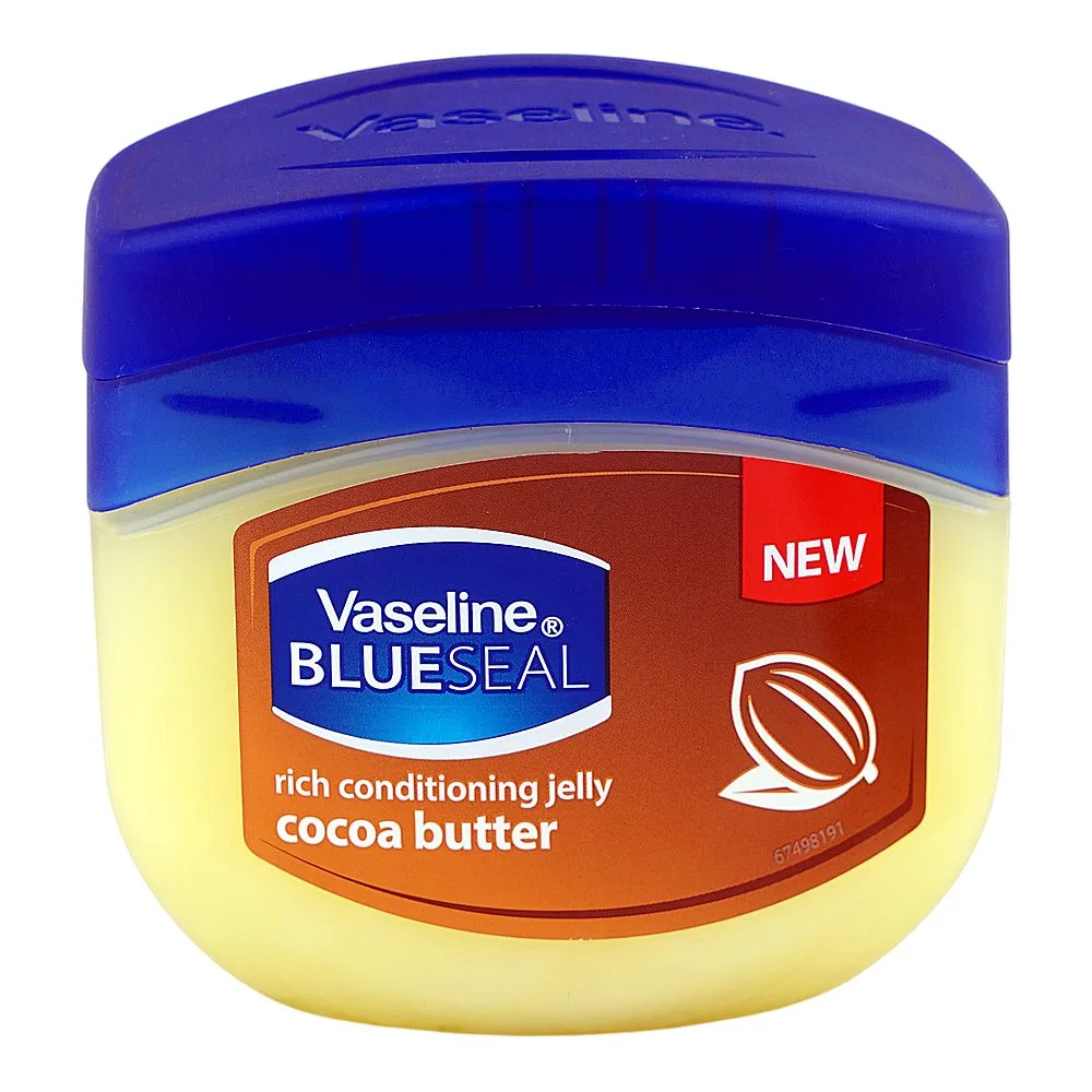 Side view of vaseline blue seal cocoa butter rich conditioning jelly, 450ml, south africa