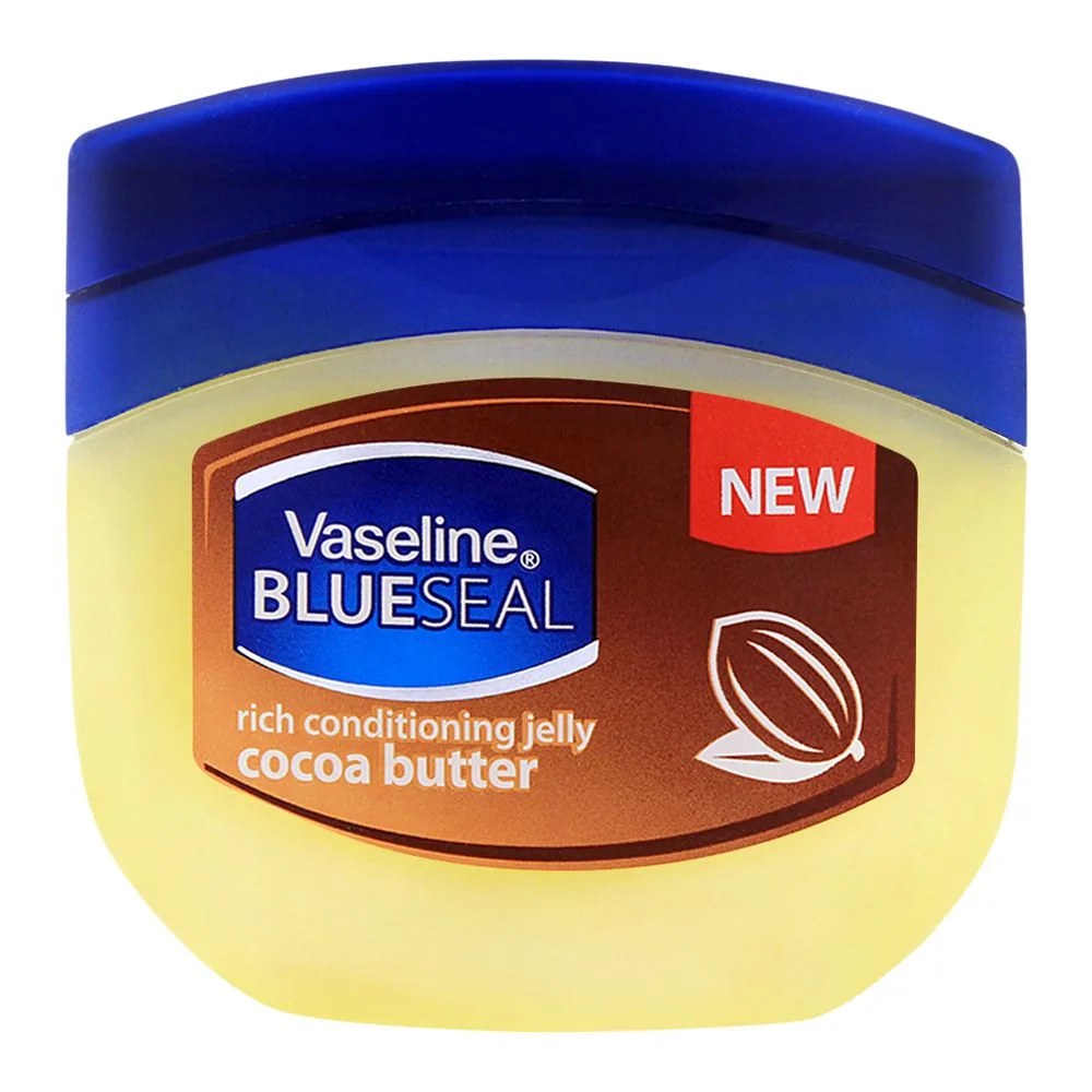 Side view of vaseline blueseal cocoa butter rich conditioning jelly 100ml