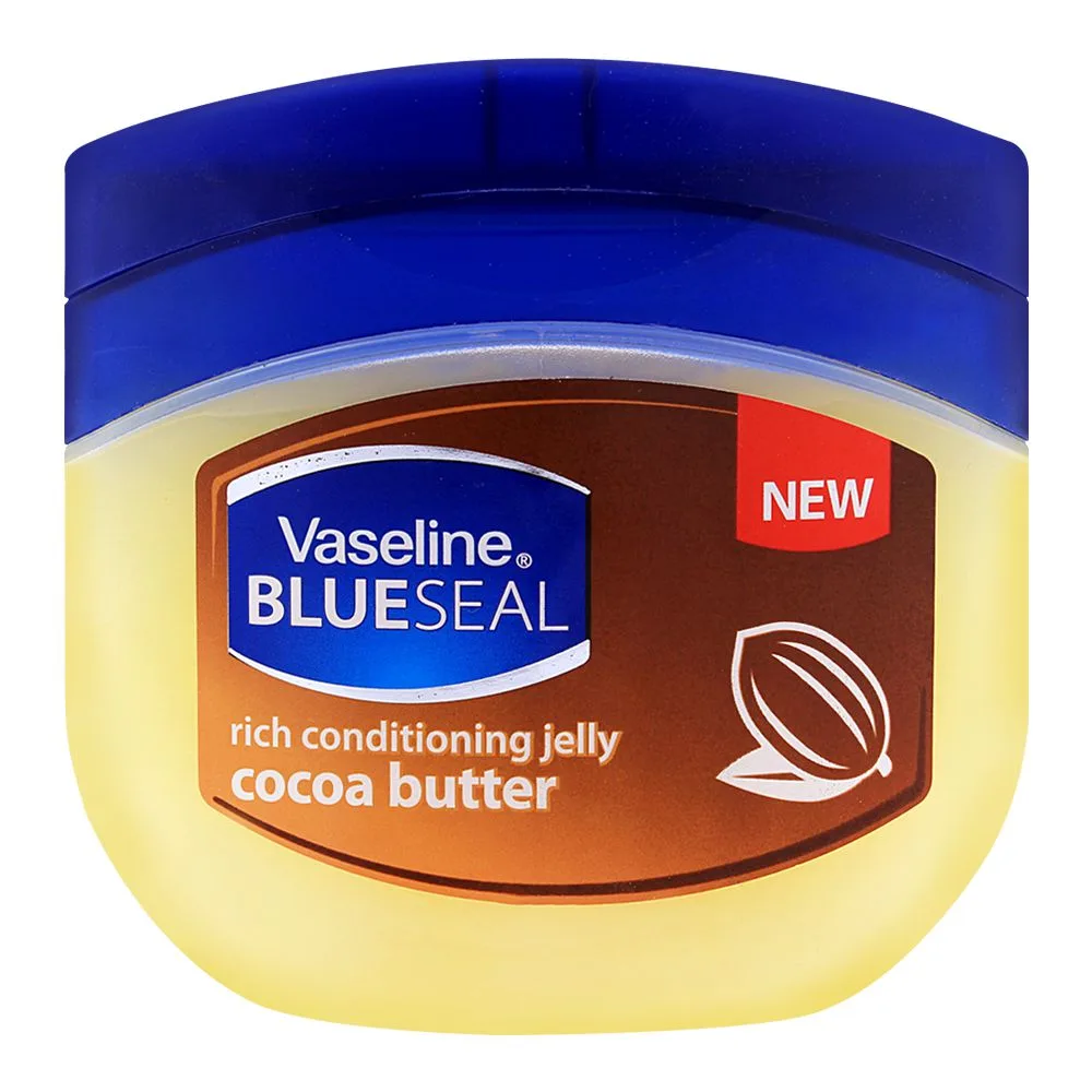 Side view of vaseline blueseal cocoa butter rich conditioning jelly 250ml