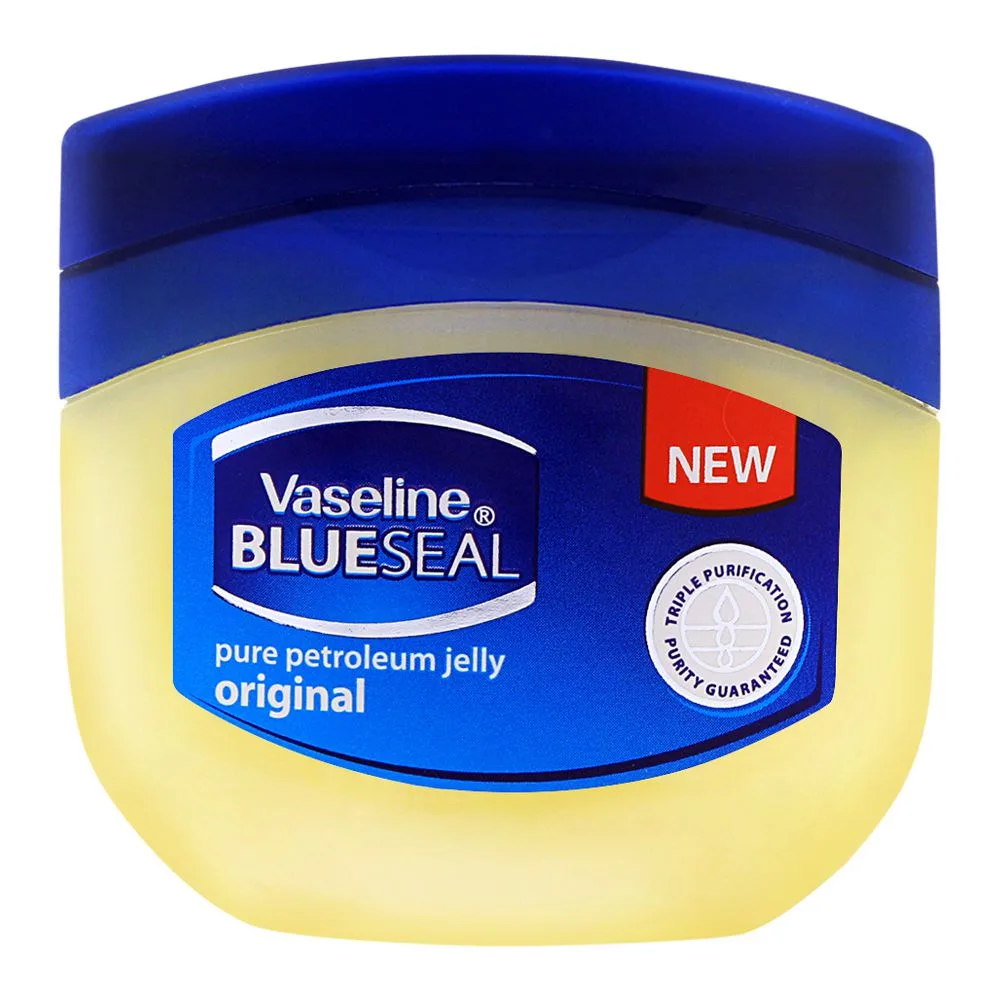 Side view of vaseline blueseal pure petroleum jelly, original 50ml