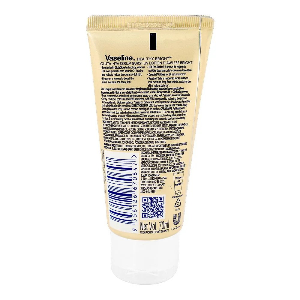Side view of vaseline healthy bright gluta-hya flawless bright serum burst lotion, hyaluronic acid, pro-retinol, for even skin tone, 70ml
