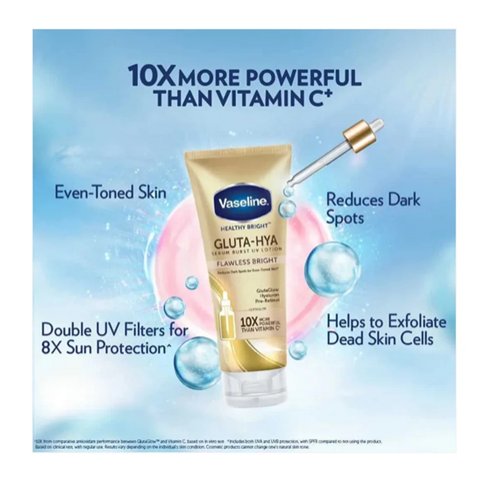 Vaseline Healthy Bright Gluta-Hya Flawless Bright Serum Burst UV Lotion, Reduces Dark Spots For Even Toned Skin, 330ml