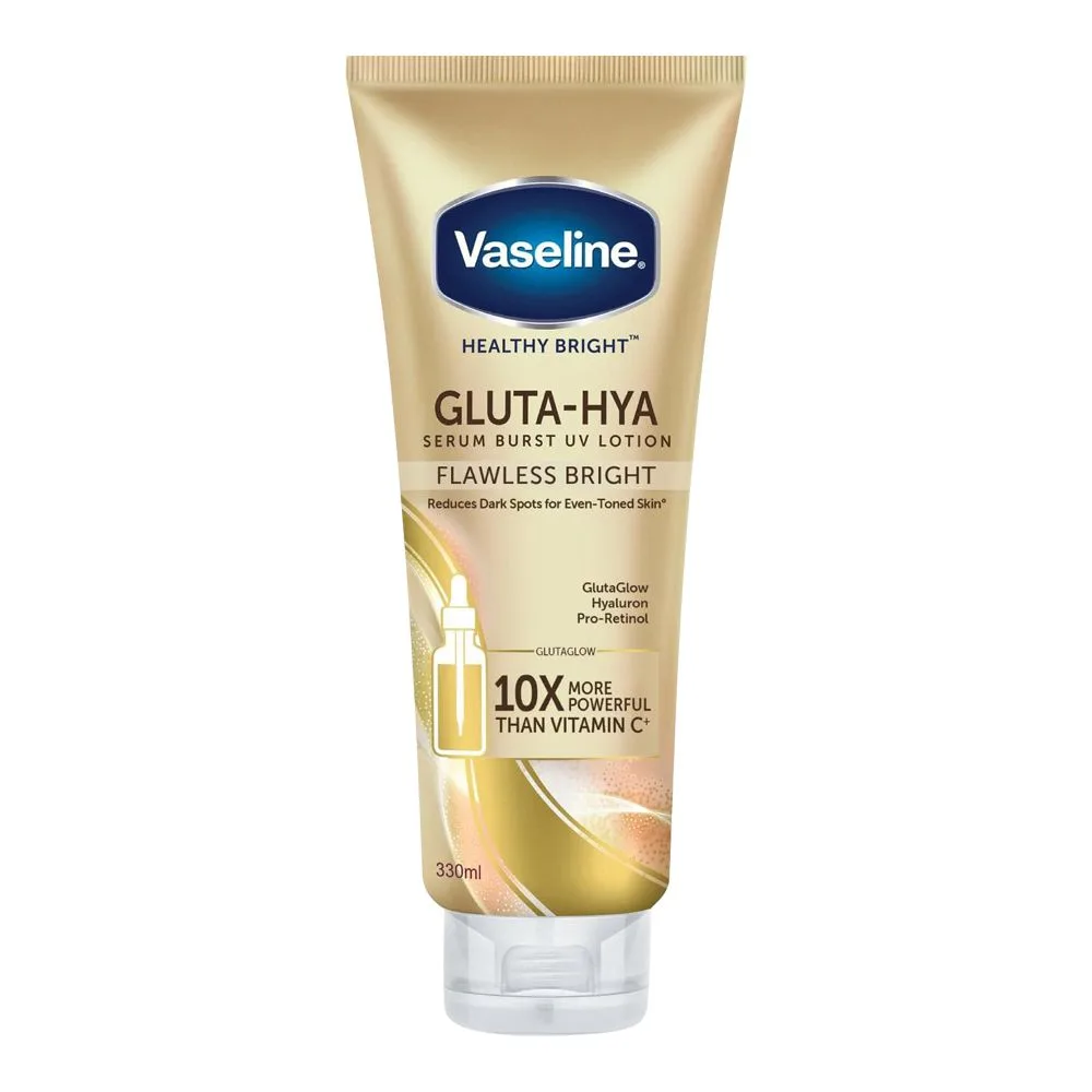Side view of vaseline healthy bright gluta-hya flawless bright serum burst uv lotion, reduces dark spots for even toned skin, 330ml