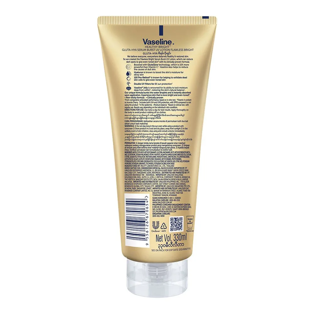 Comfortable casual vaseline healthy bright gluta-hya flawless bright serum burst uv lotion, reduces dark spots for even toned skin, 330ml
