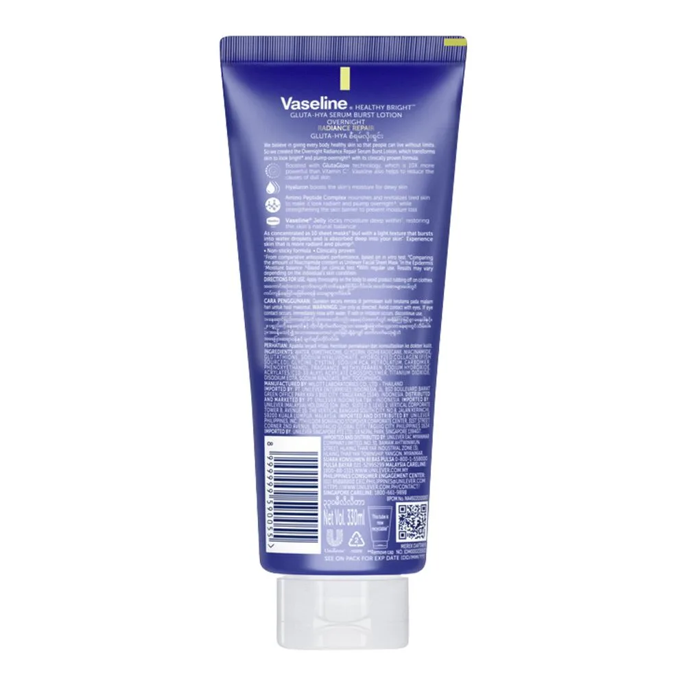 Side view of vaseline healthy bright gluta-hya over night radiance repair serum burst lotion, revitalizes skin overnight, 330ml