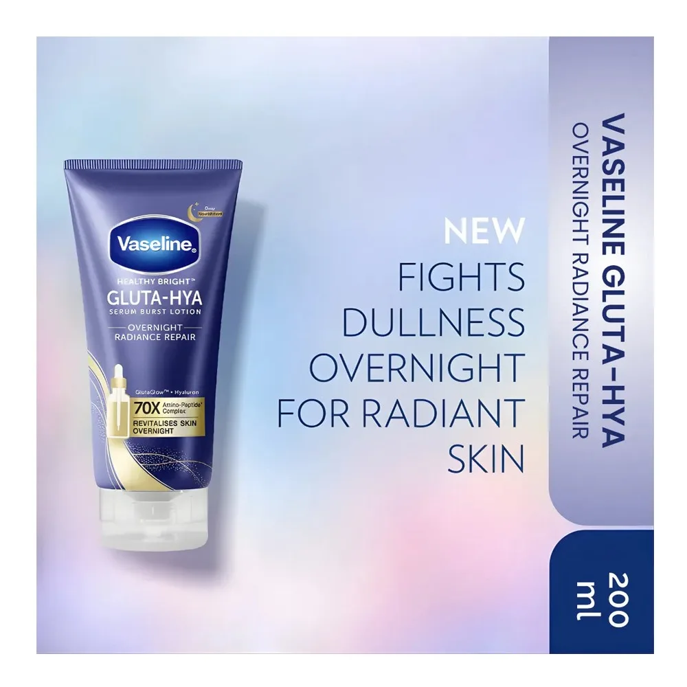 Vaseline Healthy Bright Gluta-Hya Overnight Radiance Repair Serum Burst Lotion, Glutaglow & Hyaluron, For Rough & Dry Skin, 200ml