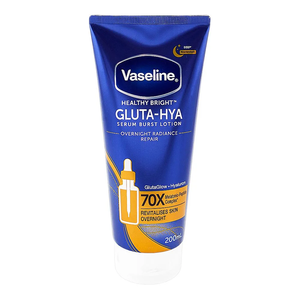 Side view of vaseline healthy bright gluta-hya overnight radiance repair serum burst lotion, glutaglow & hyaluron, for rough & dry skin, 200ml