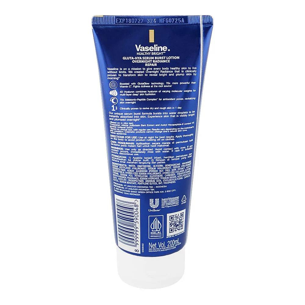 Comfortable casual vaseline healthy bright gluta-hya overnight radiance repair serum burst lotion, glutaglow & hyaluron, for rough & dry skin, 200ml