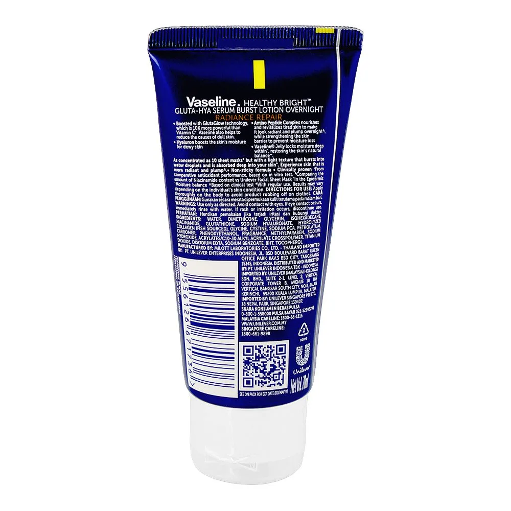 Side view of vaseline healthy bright gluta-hya overnight radiance repair serum burst lotion, hyaluronic acid, glutathione, for radiant skin, 70ml