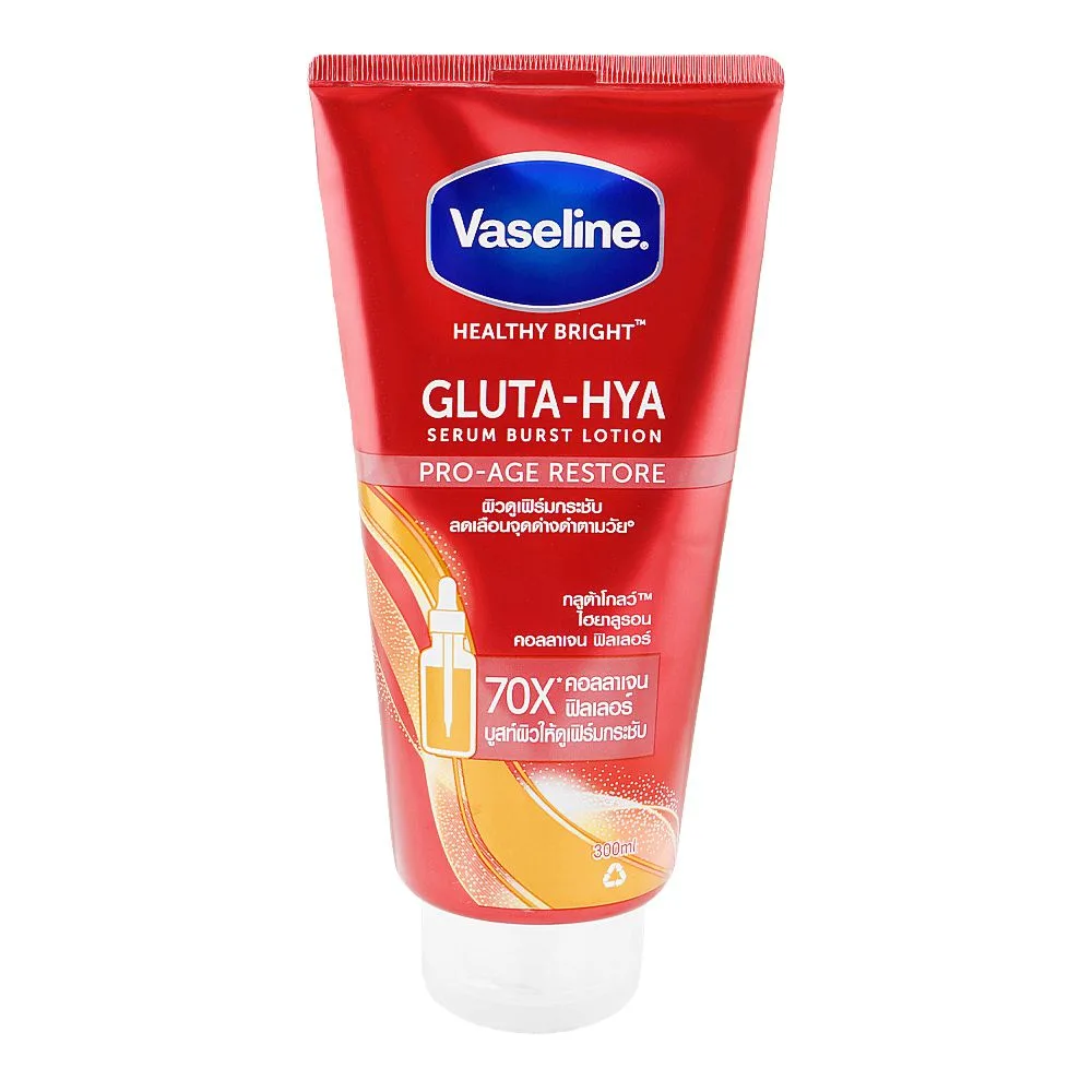 Side view of vaseline healthy bright gluta-hya pro-age restore serum burst lotion, for dewy skin, 300ml