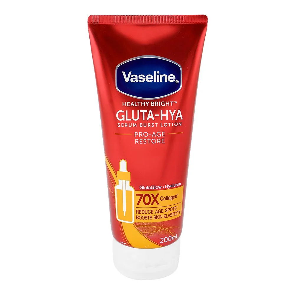 Side view of vaseline healthy bright gluta-hya pro-age restore serum burst lotion, glutaglow & hyaluron, anti-aging, 200ml