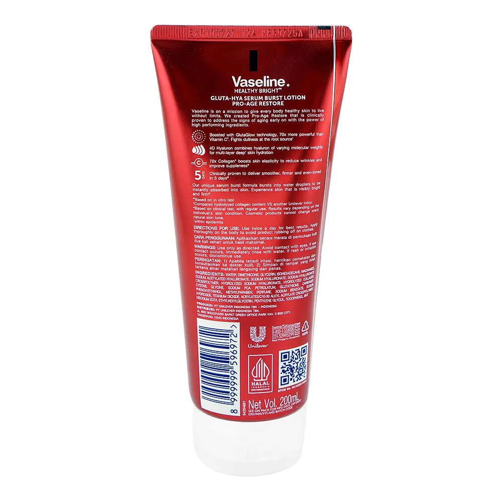 Comfortable casual vaseline healthy bright gluta-hya pro-age restore serum burst lotion, glutaglow & hyaluron, anti-aging, 200ml