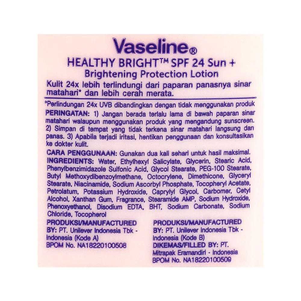 Side view of vaseline healthy bright spf 24 sun+ pollution brightening protection lotion, 100ml