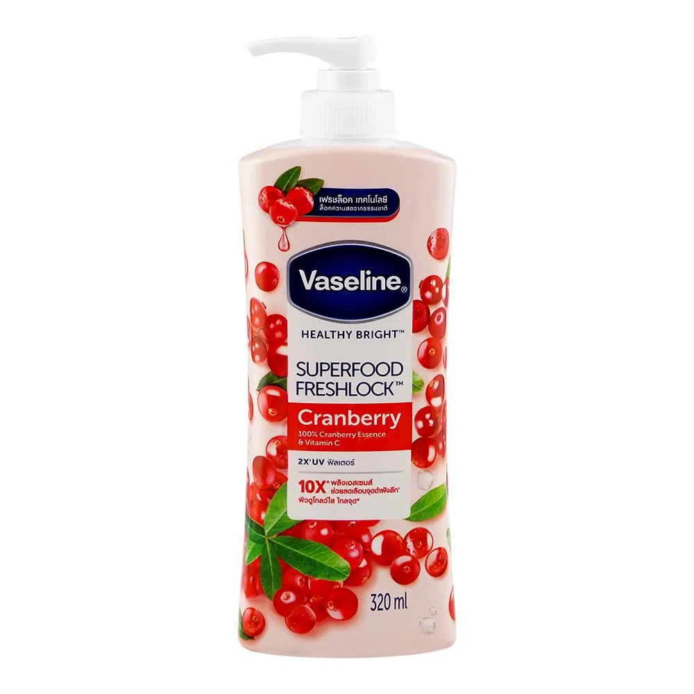 Side view of vaseline healthy bright super food fresh lock cranberry 10x body lotion, vitamin c, 320ml