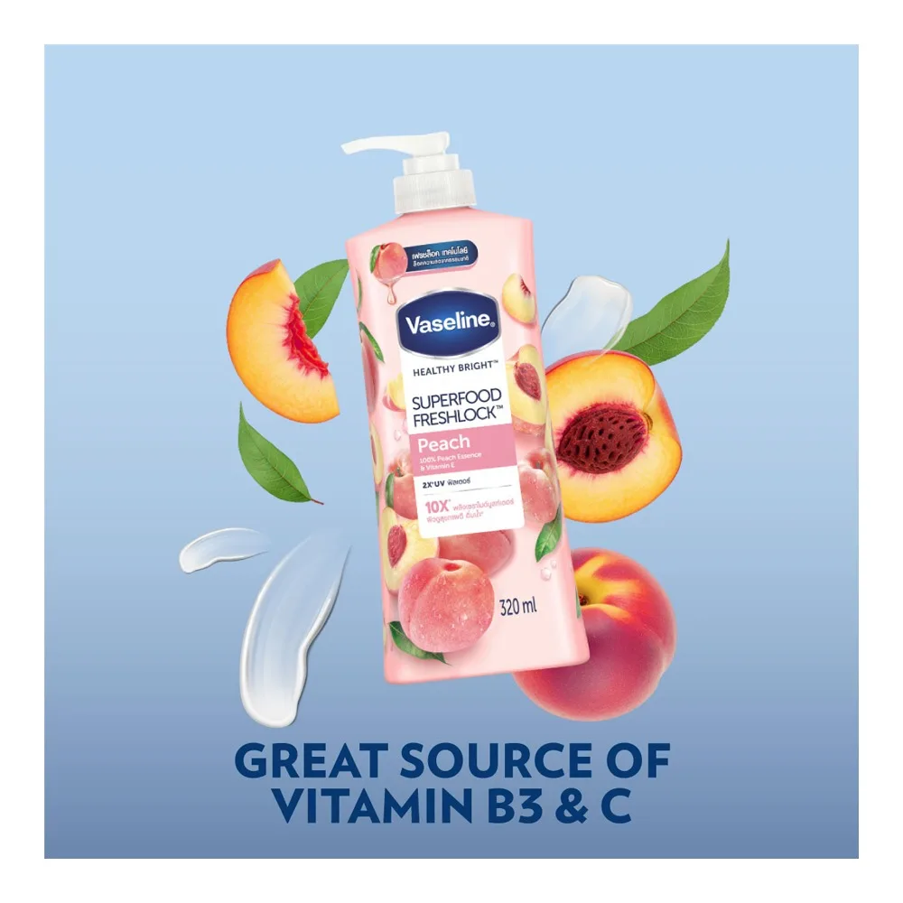 Vaseline Healthy Bright Super Food Fresh Lock Peach 10X Body Lotion, Vitamin E, 320ml