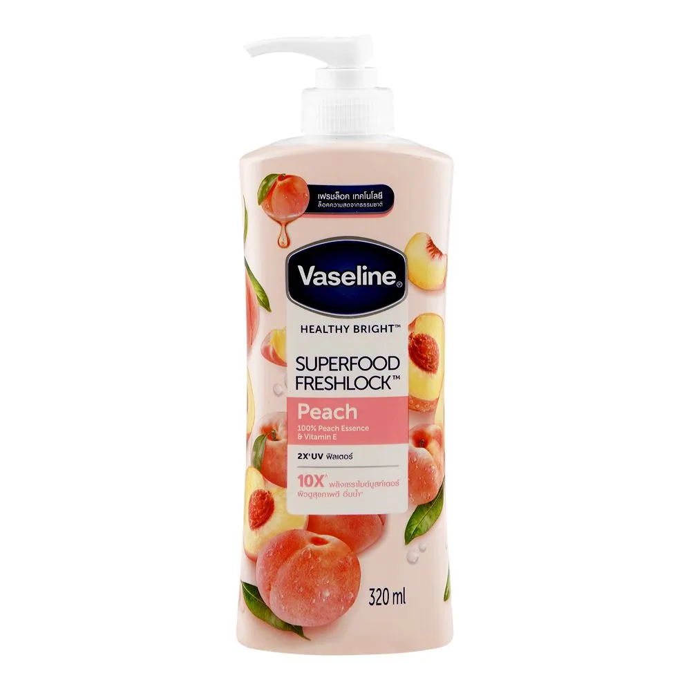 Side view of vaseline healthy bright super food fresh lock peach 10x body lotion, vitamin e, 320ml