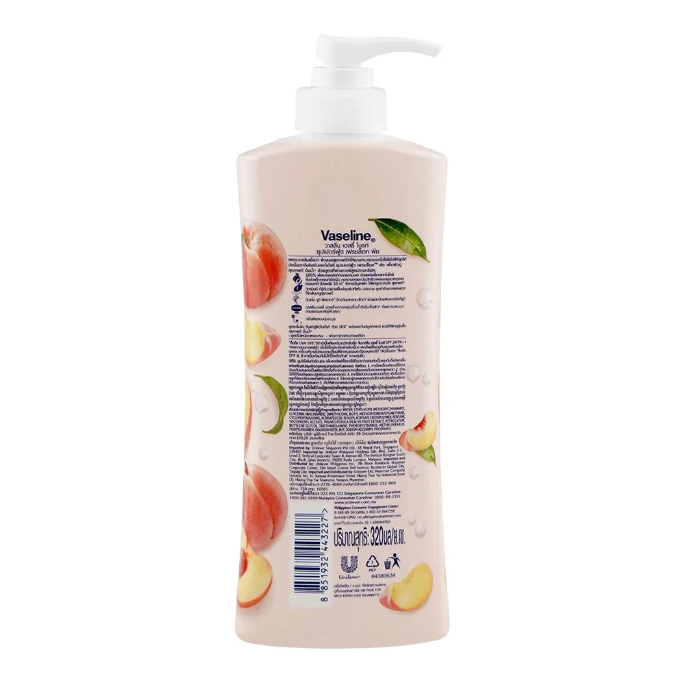 Comfortable casual vaseline healthy bright super food fresh lock peach 10x body lotion, vitamin e, 320ml