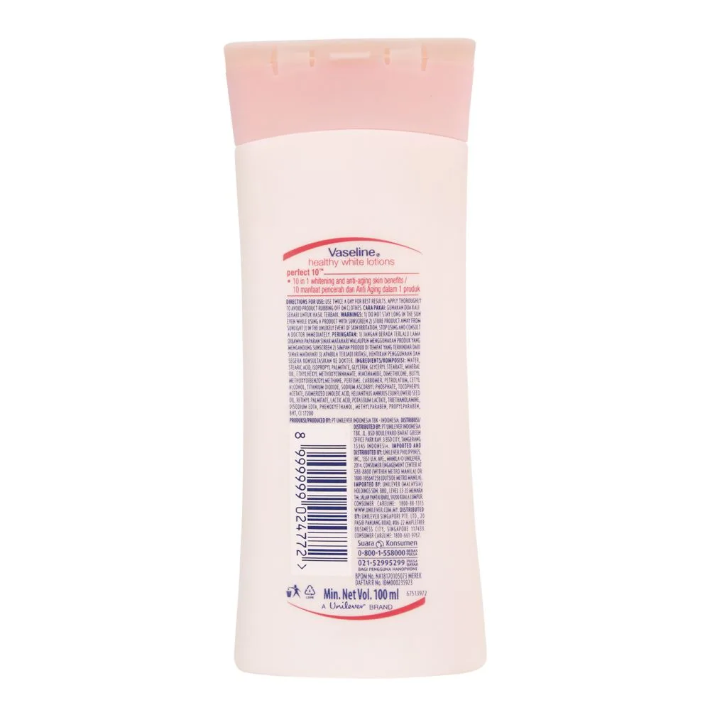Side view of vaseline healthy white perfect 10 body lotion, indonesia, 100ml