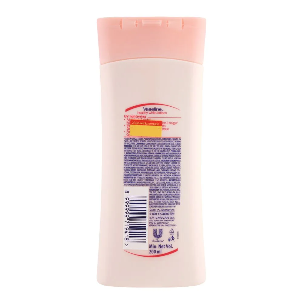 Side view of vaseline healthy white uv lightening lotion, with vitamin b3 & triple sunscreens, 200ml