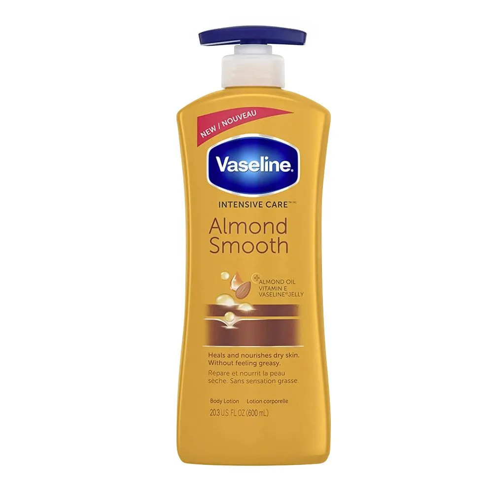 Side view of vaseline intensive care almond smooth body lotion pump, for dry skin, 600ml