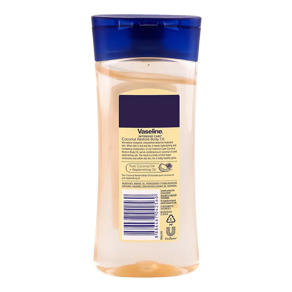 Side view of vaseline intensive care coconut restore body oil, 200ml