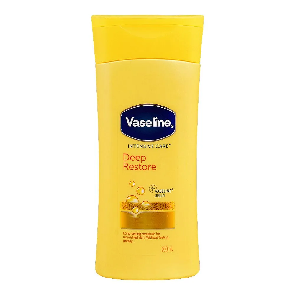Side view of vaseline intensive care deep restore body lotion, 200ml