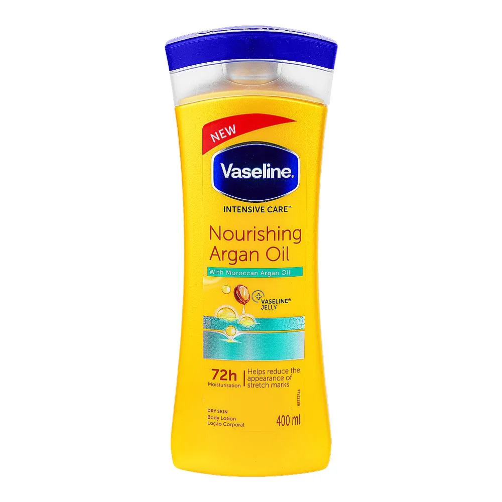 Side view of vaseline intensive care nourishing argan oil body lotion, for dry skin, 400ml