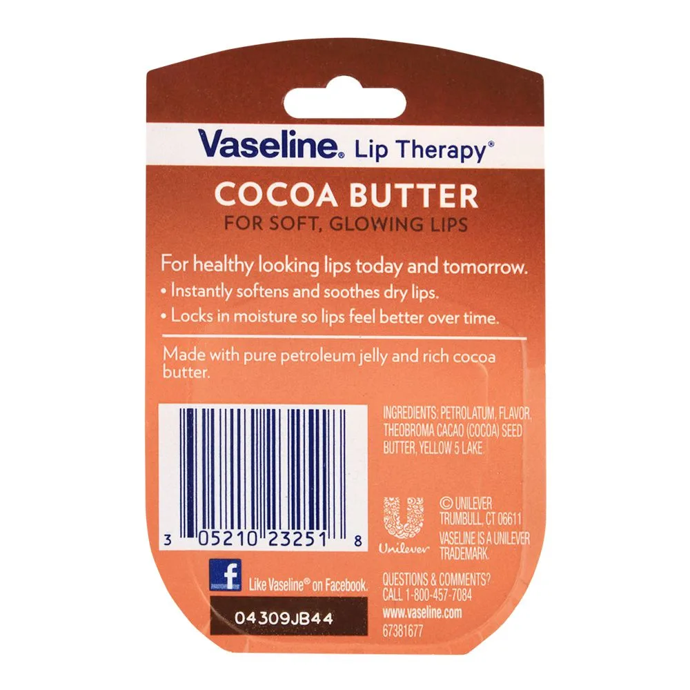 Side view of vaseline lip therapy lip balm, cocoa butter, 7gm