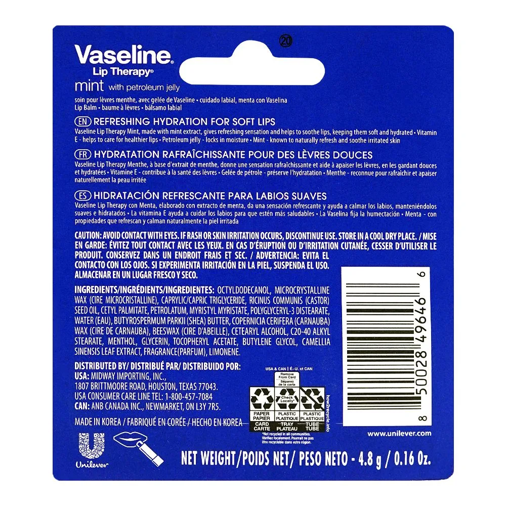Side view of vaseline lip therapy, mint, 4.8g