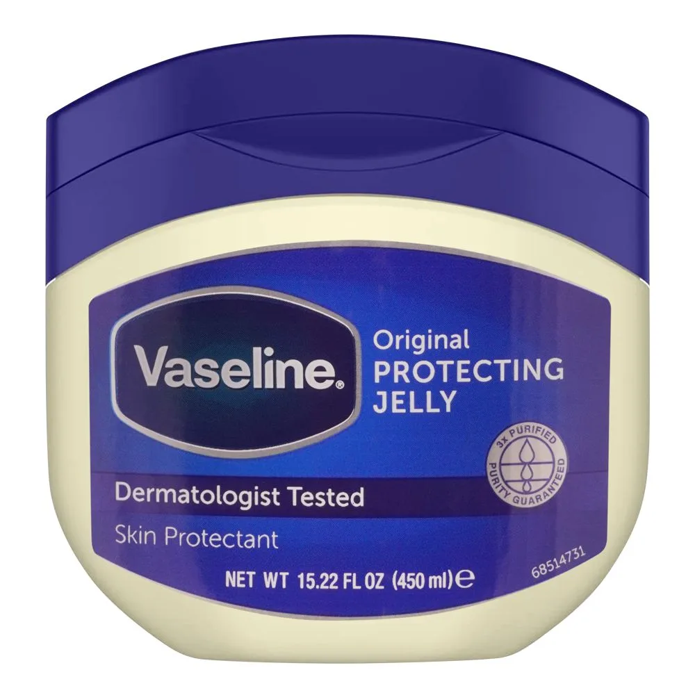 Side view of vaseline original protecting petroleum jelly, dermatologist tested, skin protectant, 450ml