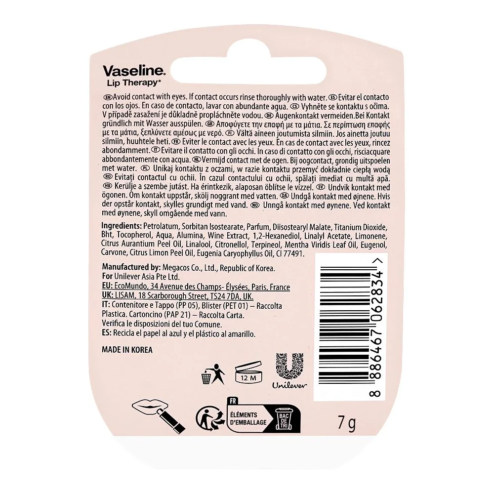 Side view of vaseline pink bubbly lip therapy, for soft & gorgeous lips, 7g